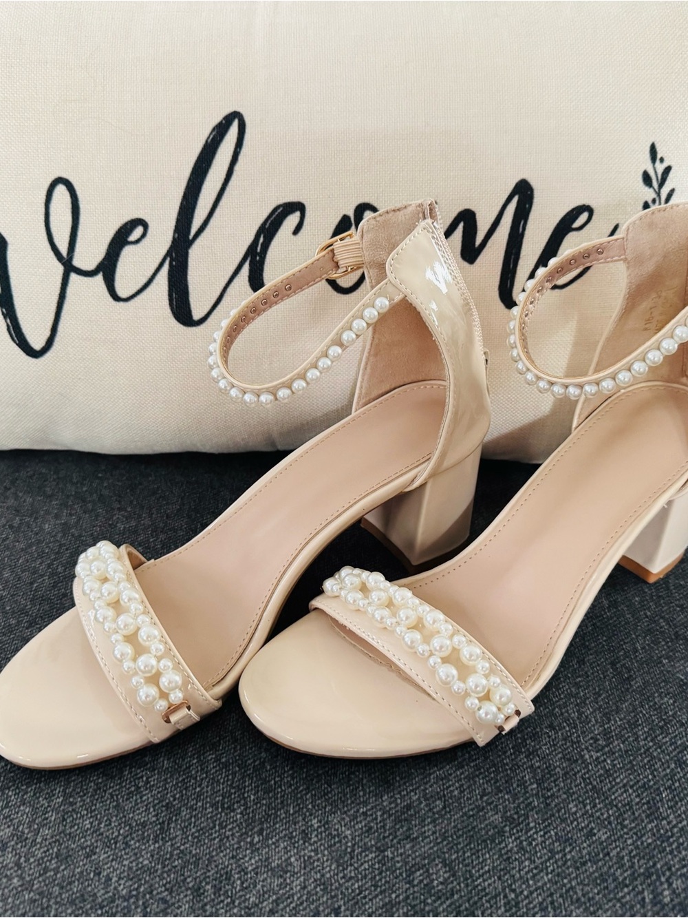 Pearl-Trim Block Heel Sandals in Nude